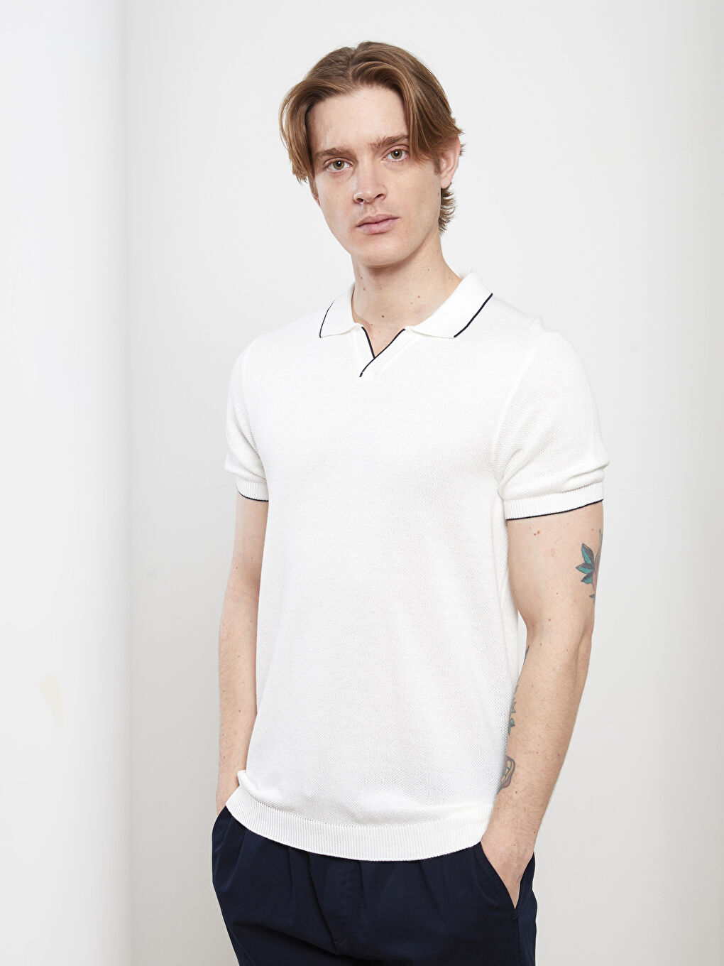 Ekru Polo Yaka Erkek Triko Tişört-1