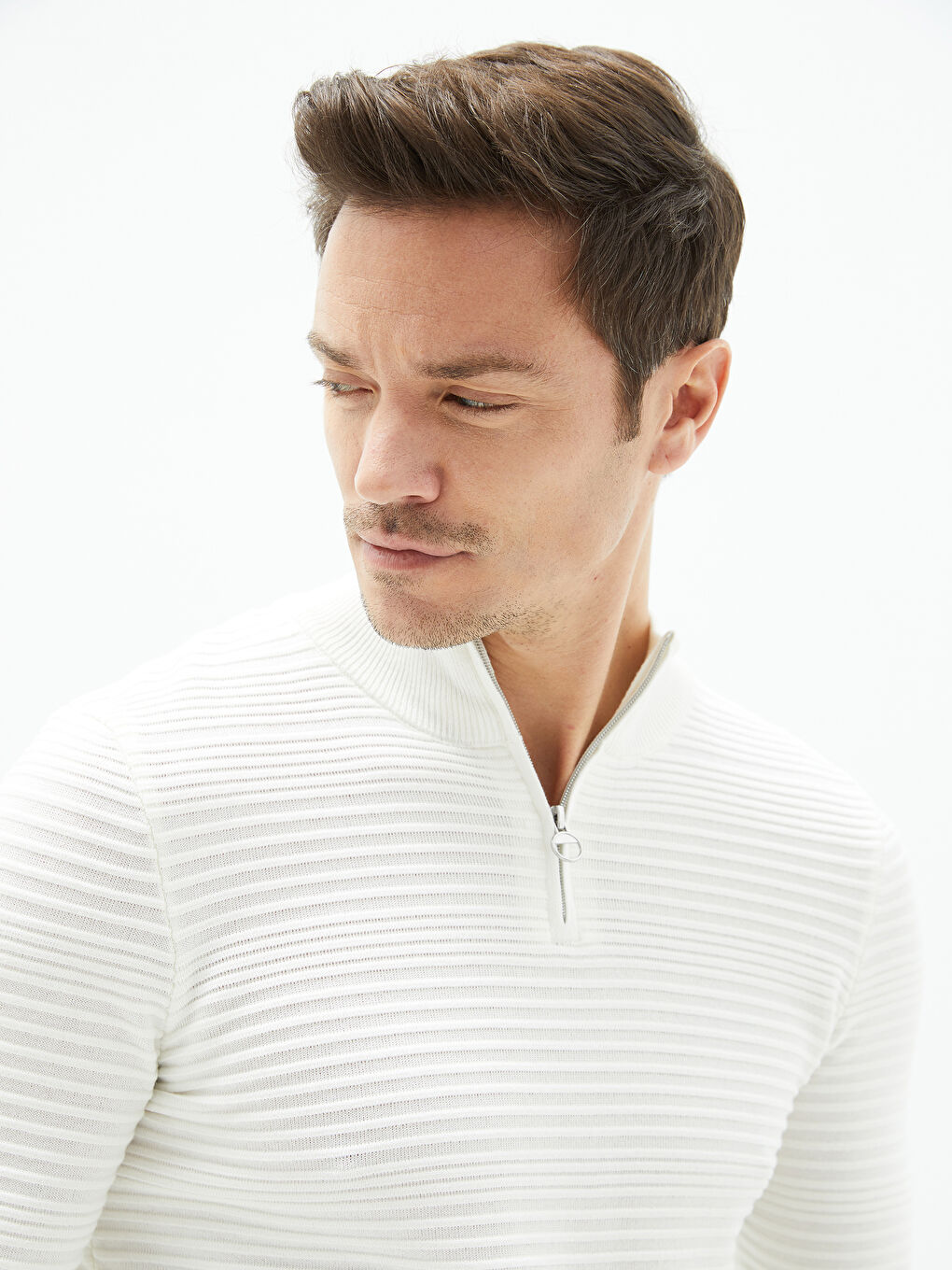 Ekru Yarım Balıkçı Yaka Uzun Kollu Erkek Triko Kazak-1