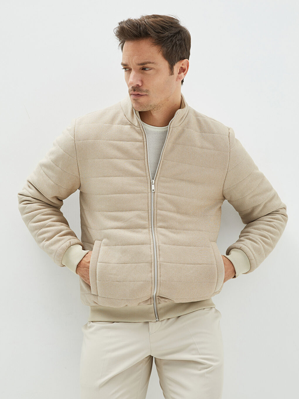 LCW Vision Bej Slim Fit Dik Yaka Erkek Mont