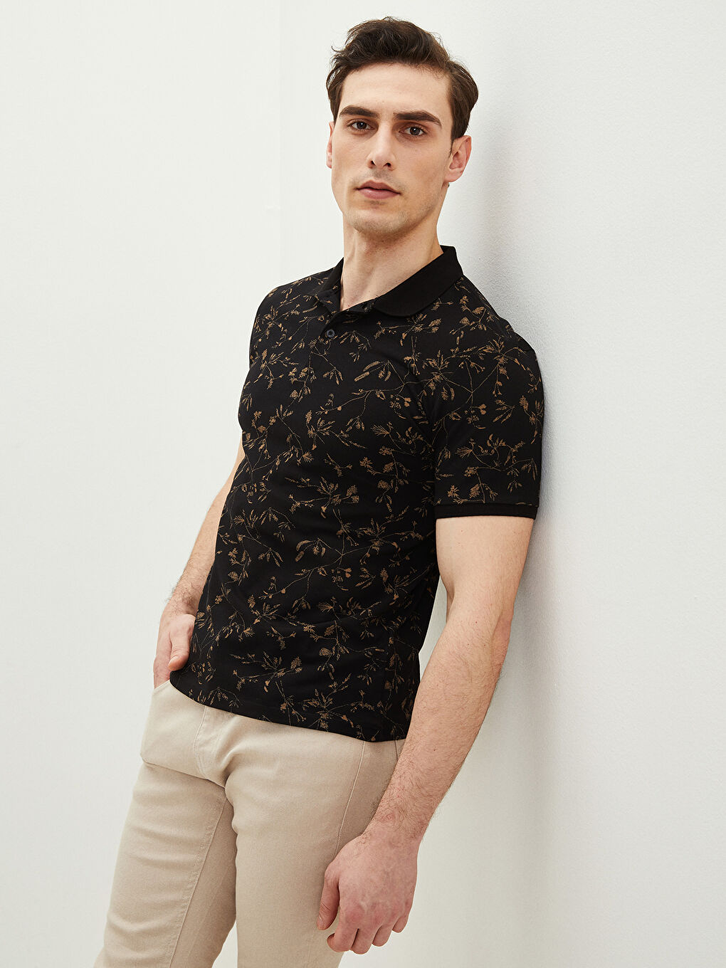 Siyah Polo Yaka Kısa Kollu Desenli Pike Erkek Tişört