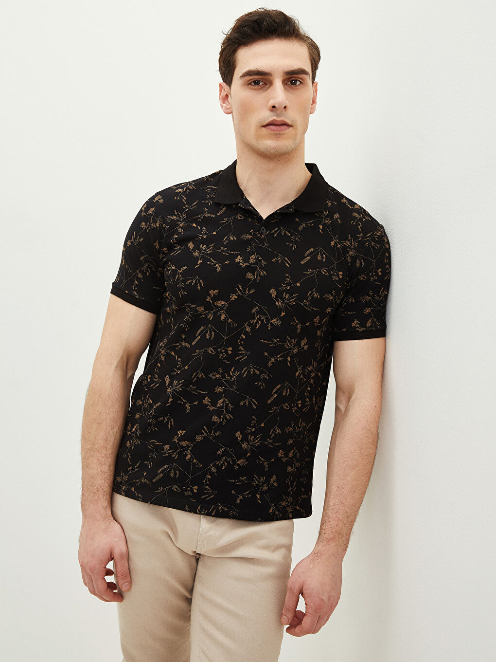 Siyah Polo Yaka Kısa Kollu Desenli Pike Erkek Tişört-1