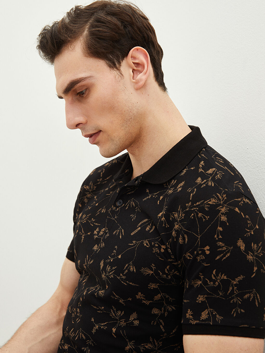 Siyah Polo Yaka Kısa Kollu Desenli Pike Erkek Tişört-2