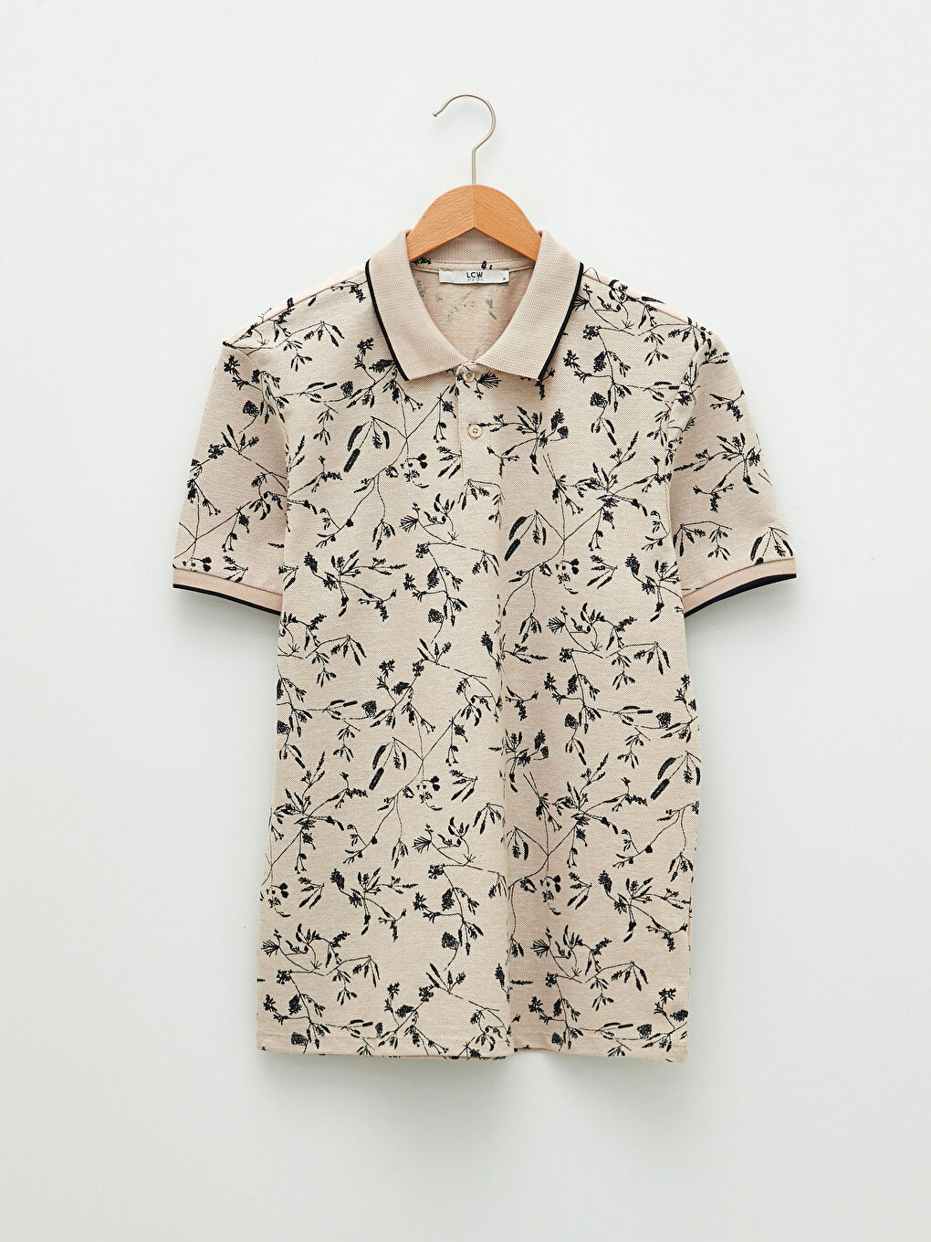 Bej Polo Yaka Kısa Kollu Desenli Pike Erkek Tişört-5