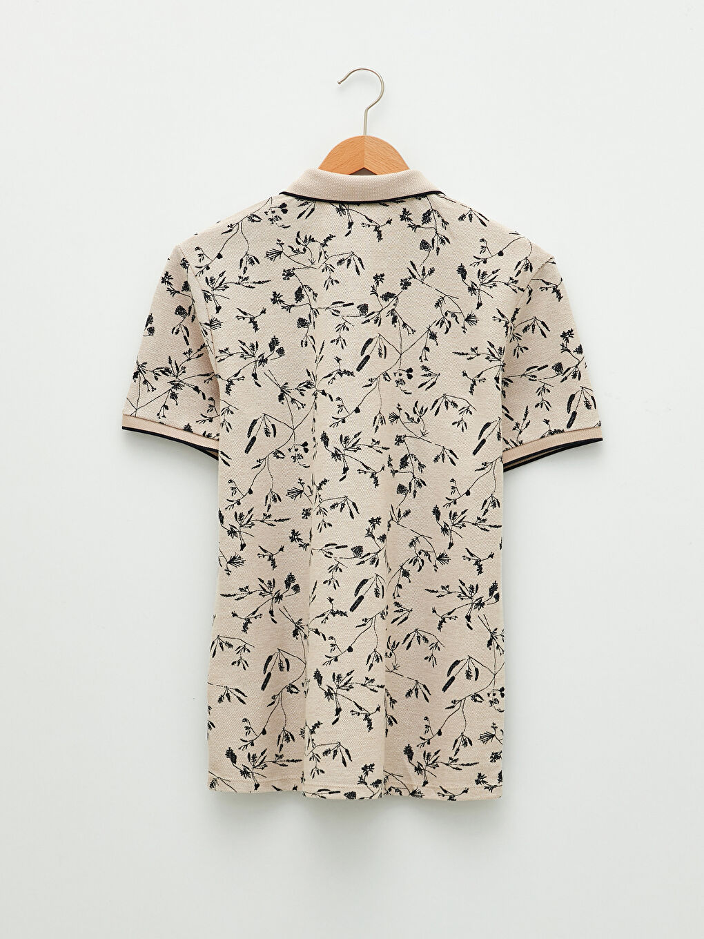 Bej Polo Yaka Kısa Kollu Desenli Pike Erkek Tişört-6