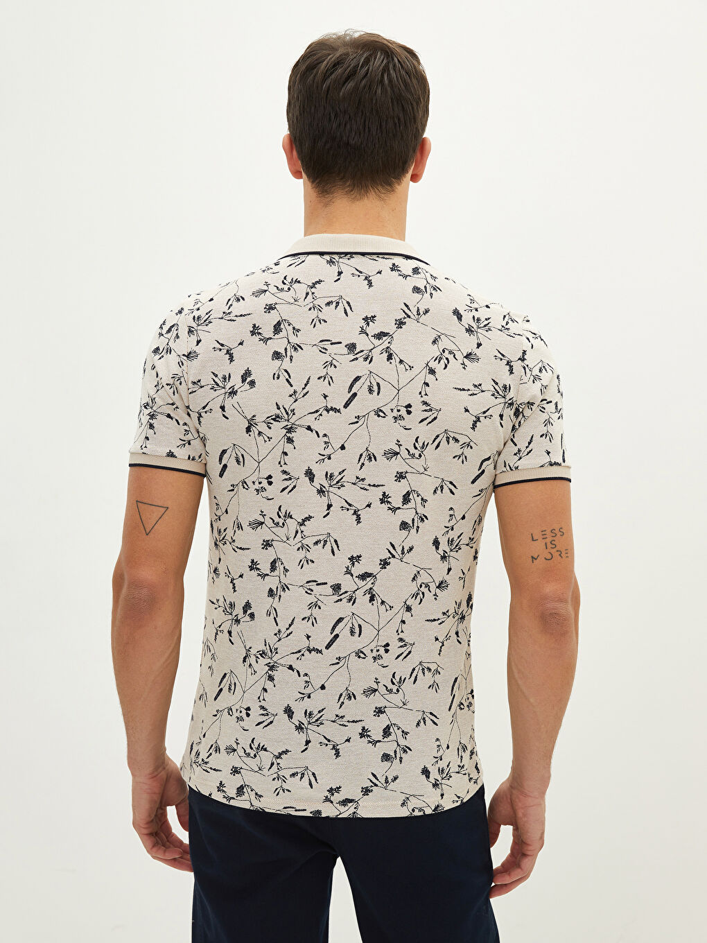 Bej Polo Yaka Kısa Kollu Desenli Pike Erkek Tişört-4