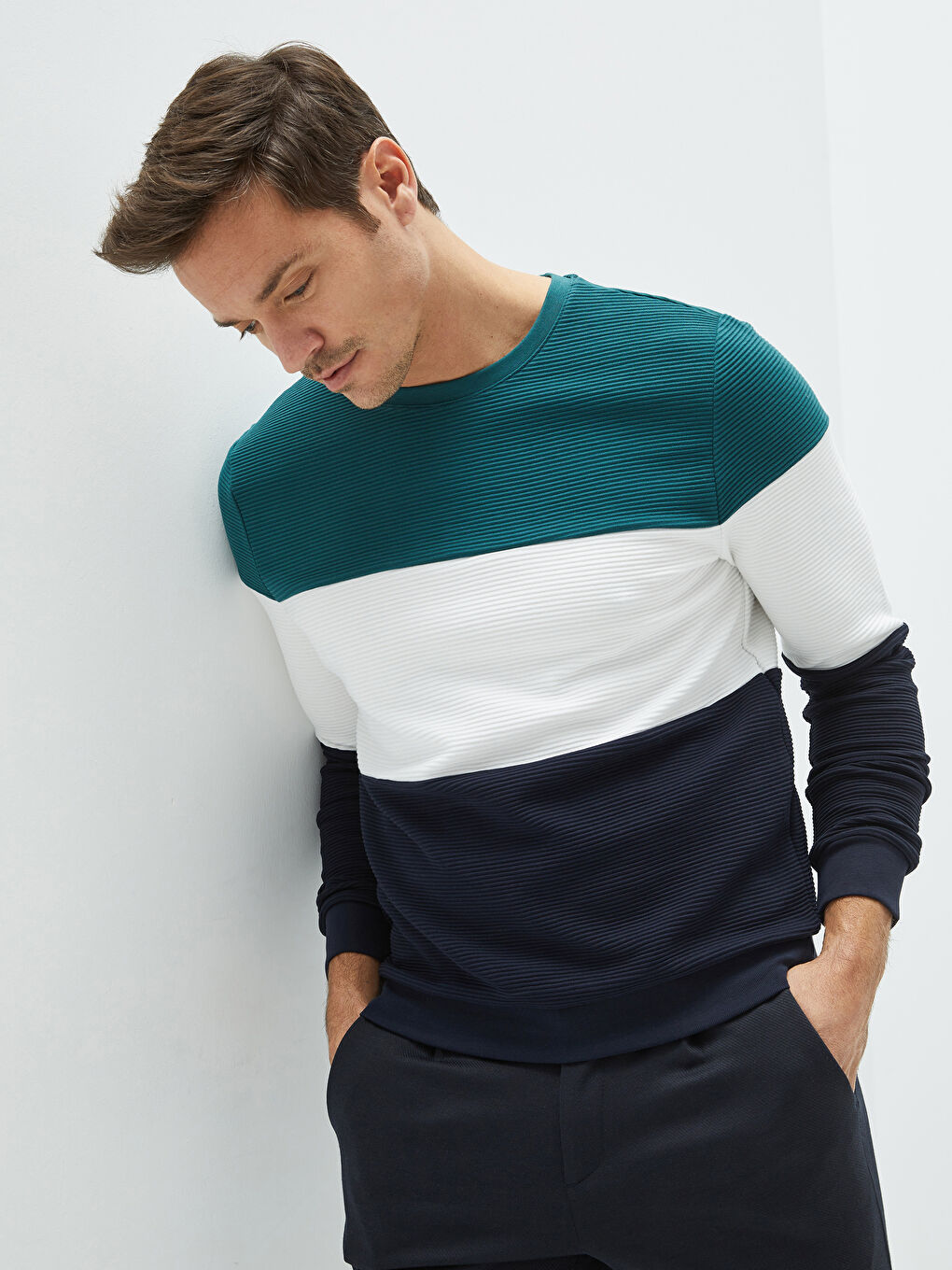 Petrol Bisiklet Yaka Uzun Kollu Renk Bloklu Erkek Sweatshirt