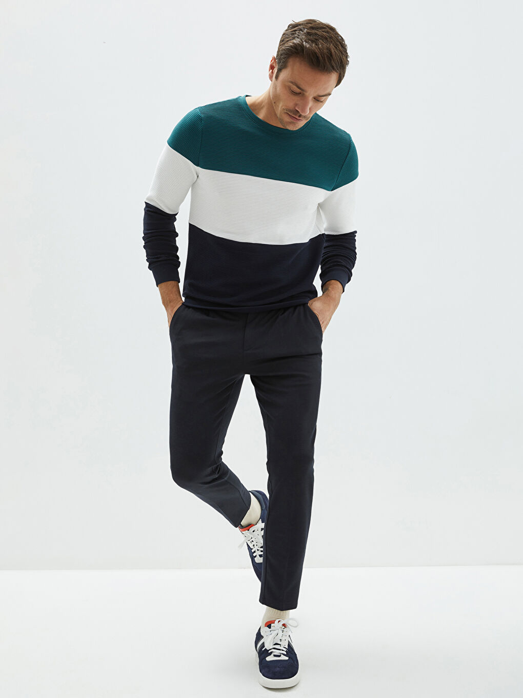 Petrol Bisiklet Yaka Uzun Kollu Renk Bloklu Erkek Sweatshirt-1