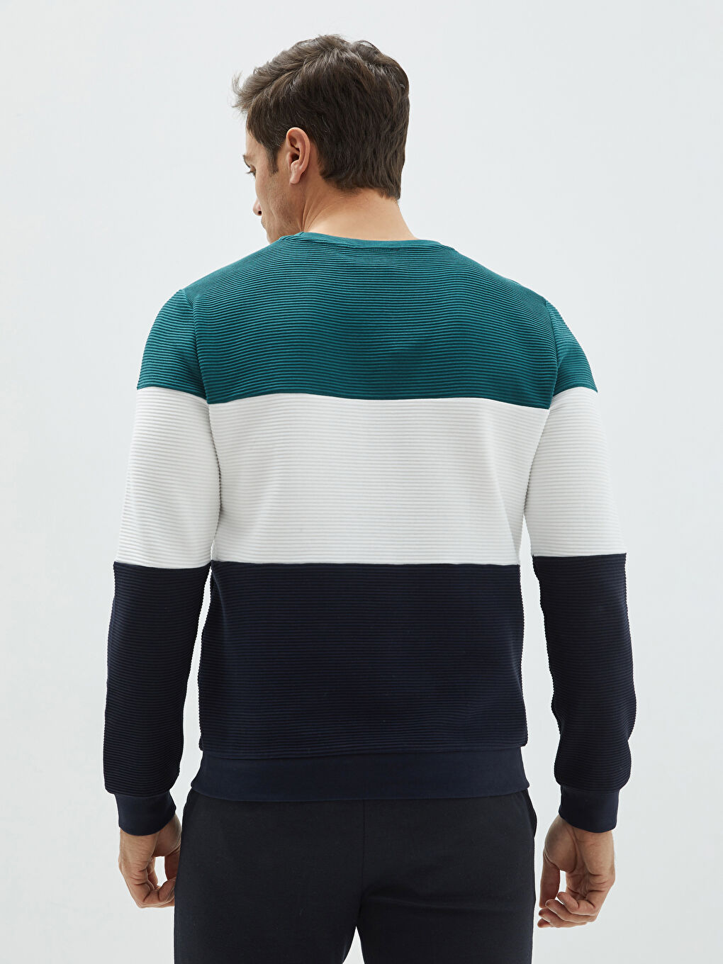 Petrol Bisiklet Yaka Uzun Kollu Renk Bloklu Erkek Sweatshirt-4