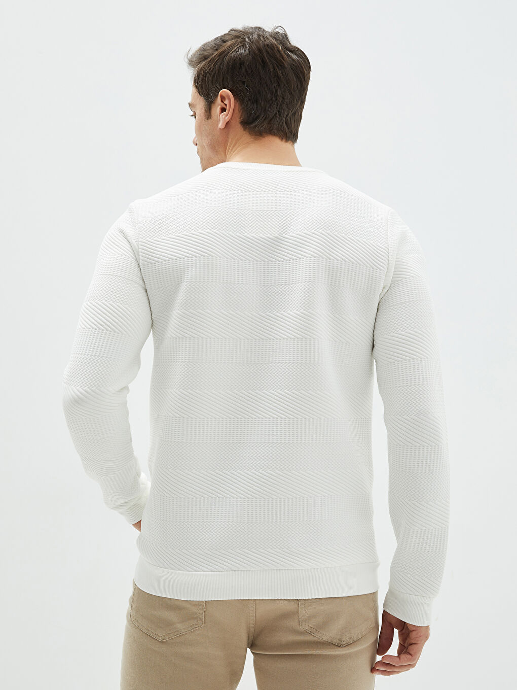 Ekru Bisiklet Yaka Uzun Kollu Erkek Sweatshirt-4