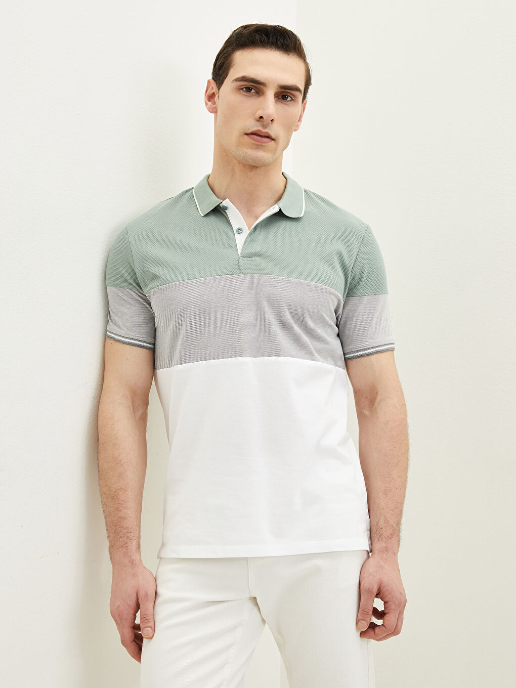 Yeşil Polo Yaka Kısa Kollu Renk Bloklu Erkek Tişört-1