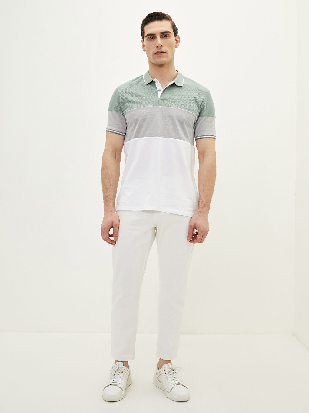 Yeşil Polo Yaka Kısa Kollu Renk Bloklu Erkek Tişört-2