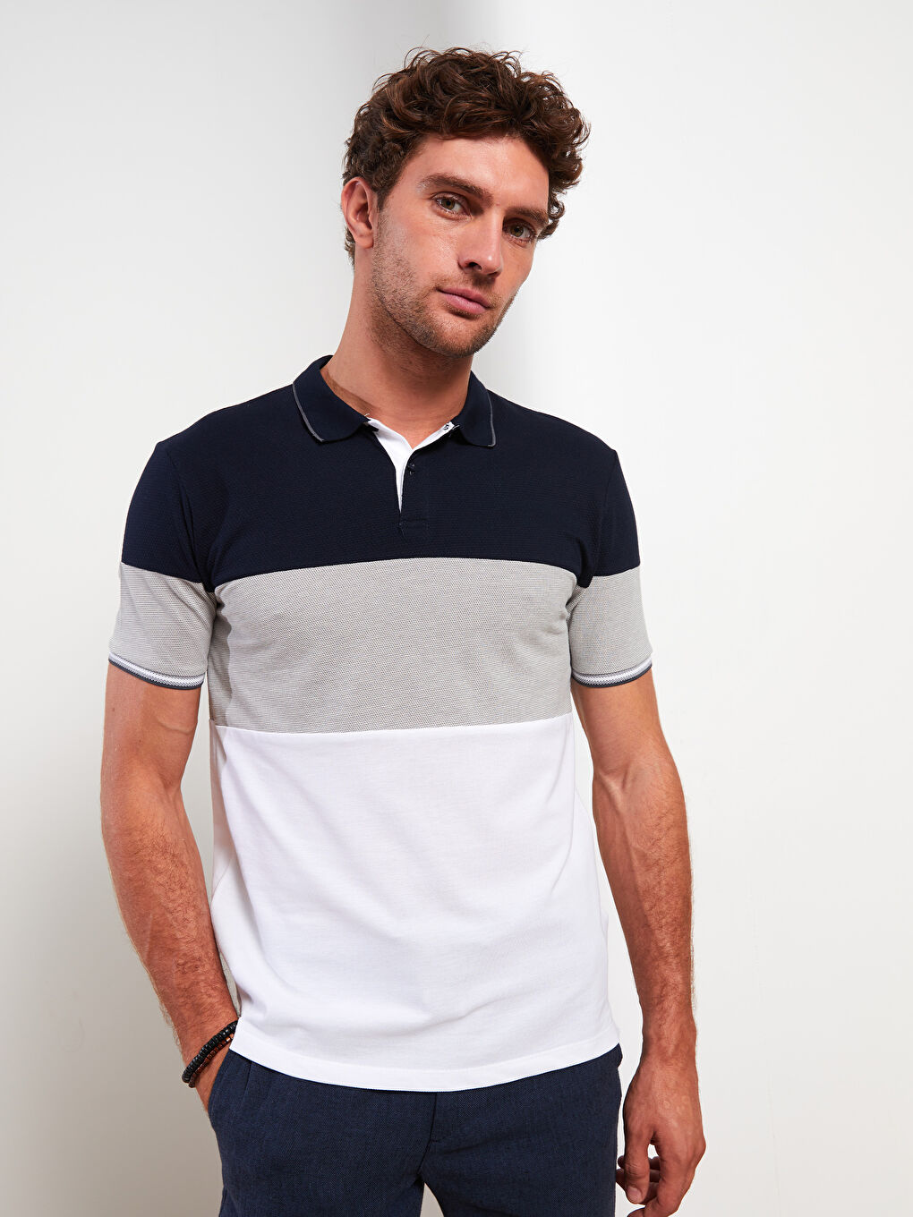 Lacivert Polo Yaka Kısa Kollu Renk Bloklu Erkek Tişört