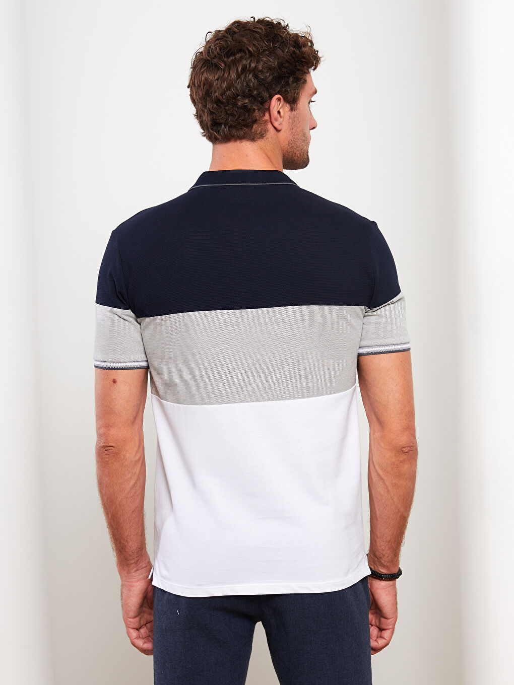 Lacivert Polo Yaka Kısa Kollu Renk Bloklu Erkek Tişört-4
