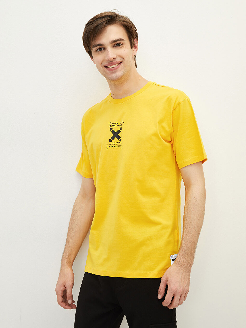 Sarı Oversize Bisiklet Yaka Kısa Kollu Baskılı Penye Erkek Tişört