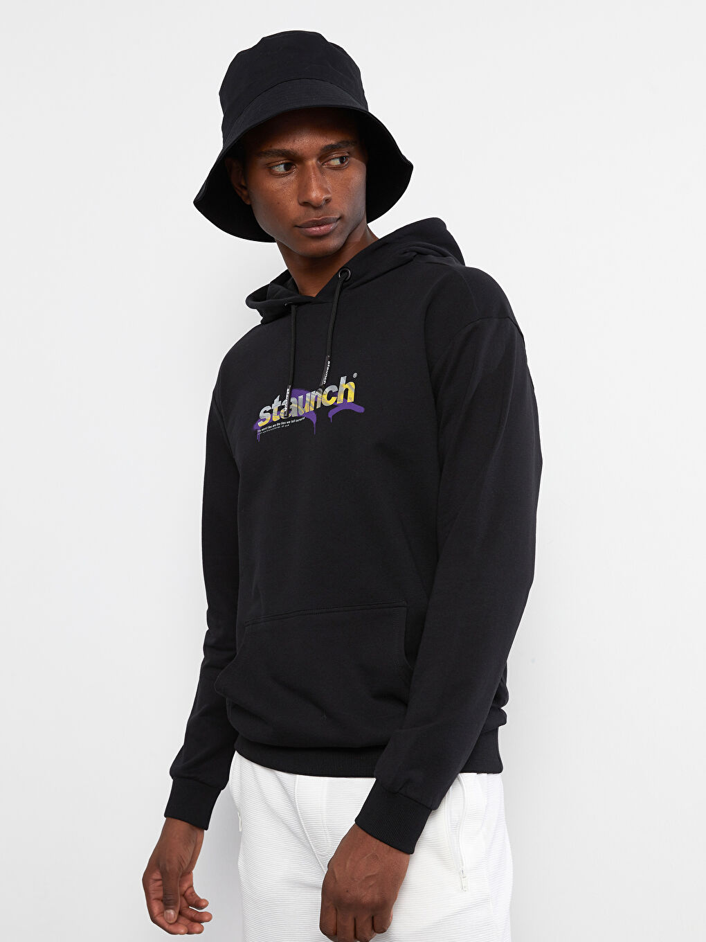 Siyah Oversize Uzun Kollu Baskılı Erkek Hoodie-1