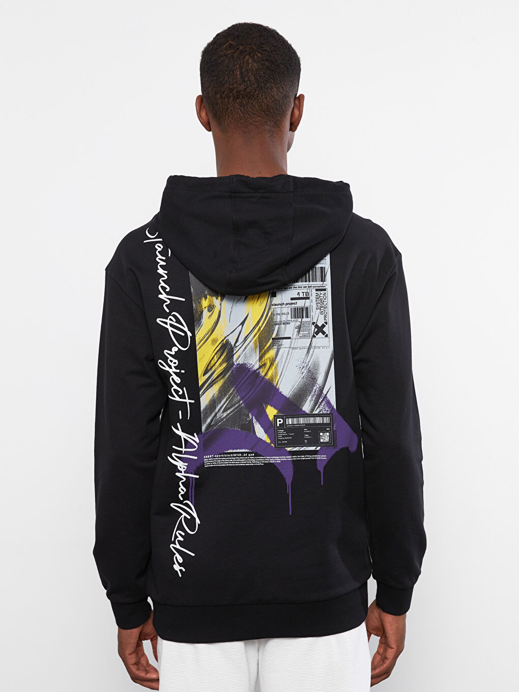 Siyah Oversize Uzun Kollu Baskılı Erkek Hoodie-4