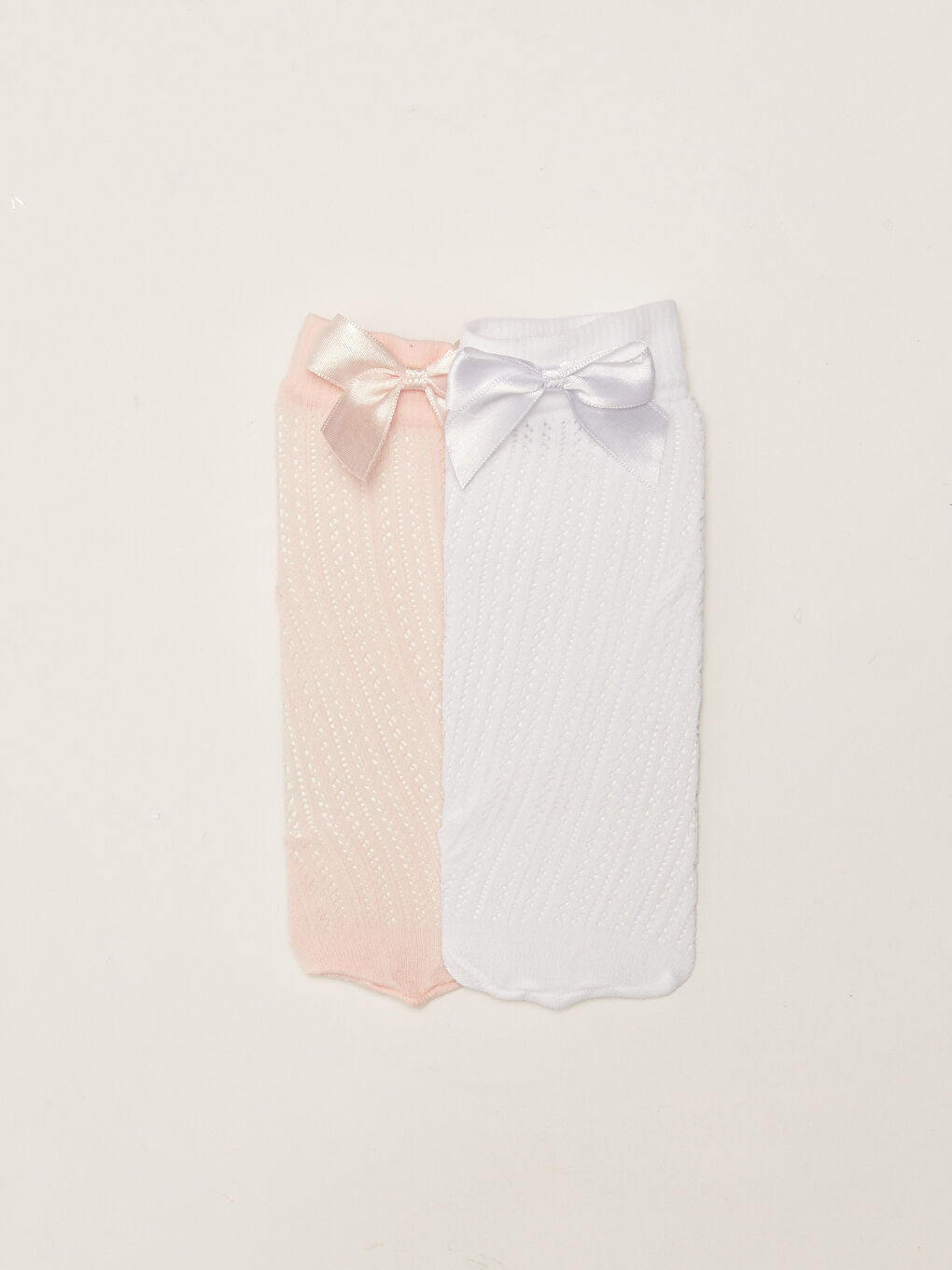 Ekru Fiyonk Detaylı Basic Kız Bebek Diz Altı Çorap 2'li-2