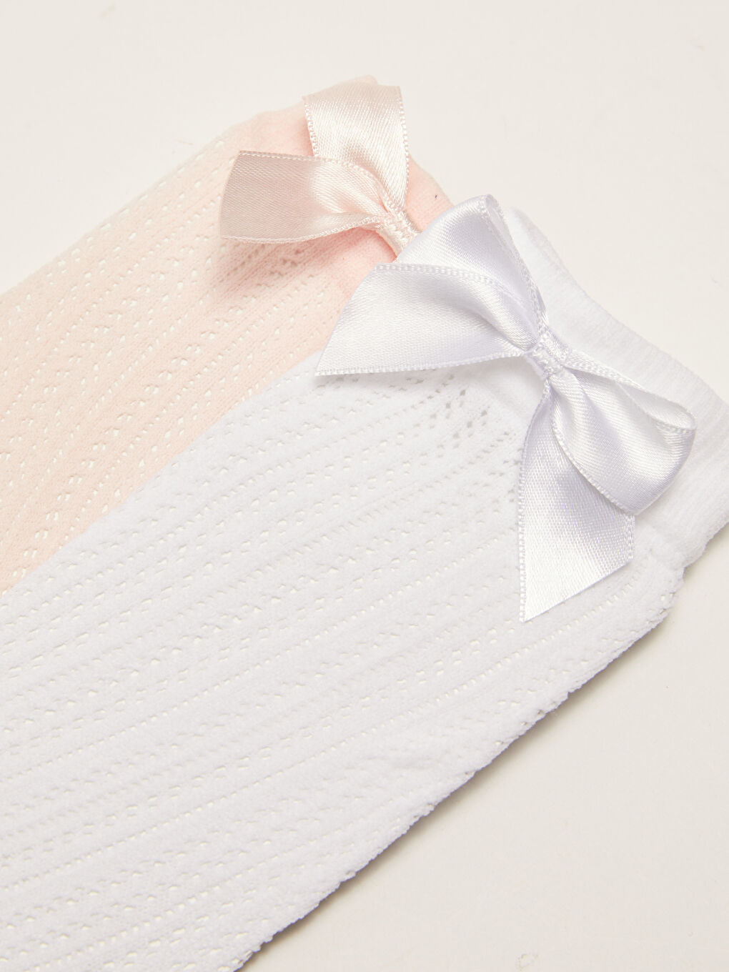 Ekru Fiyonk Detaylı Basic Kız Bebek Diz Altı Çorap 2'li-3