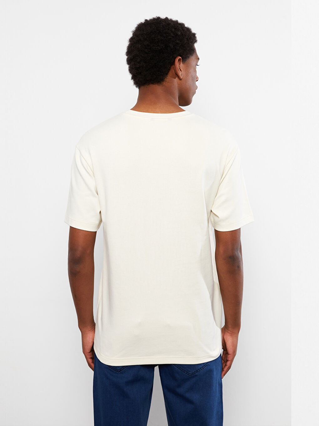 Bej Bisiklet Yaka Kısa Kollu Baskılı Penye Erkek Tişört-4