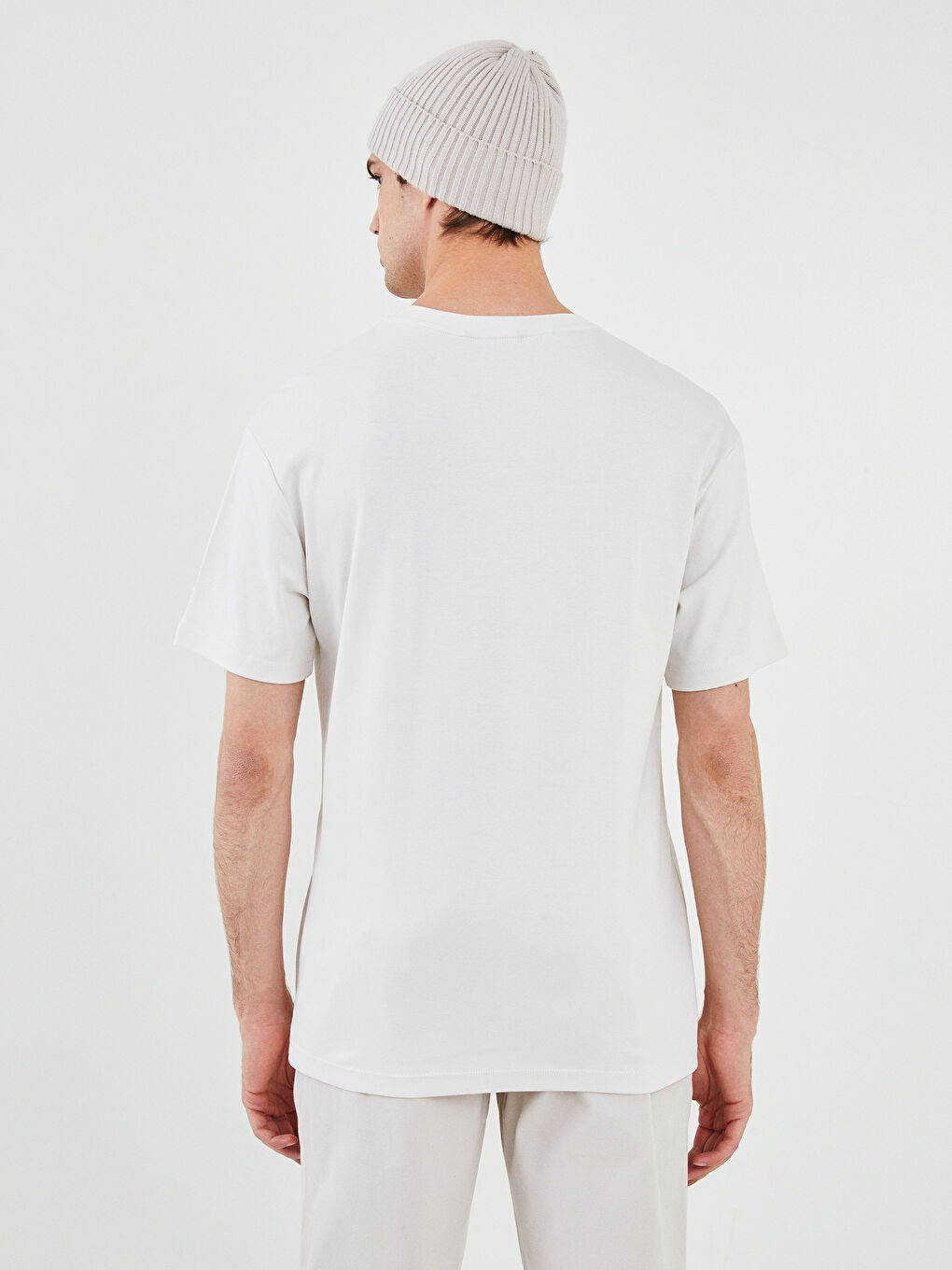 Bej Bisiklet Yaka Kısa Kollu Baskılı Penye Erkek Tişört-4