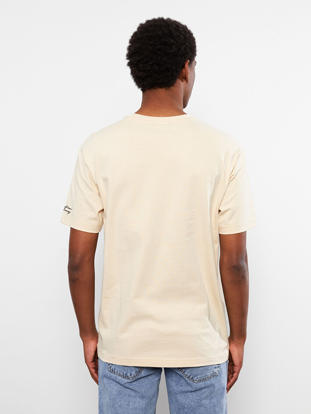 Bej Bisiklet Yaka Kısa Kollu Baskılı Penye Erkek Tişört-4