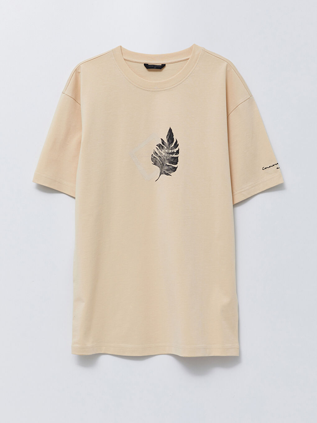 Bej Bisiklet Yaka Kısa Kollu Baskılı Penye Erkek Tişört-5