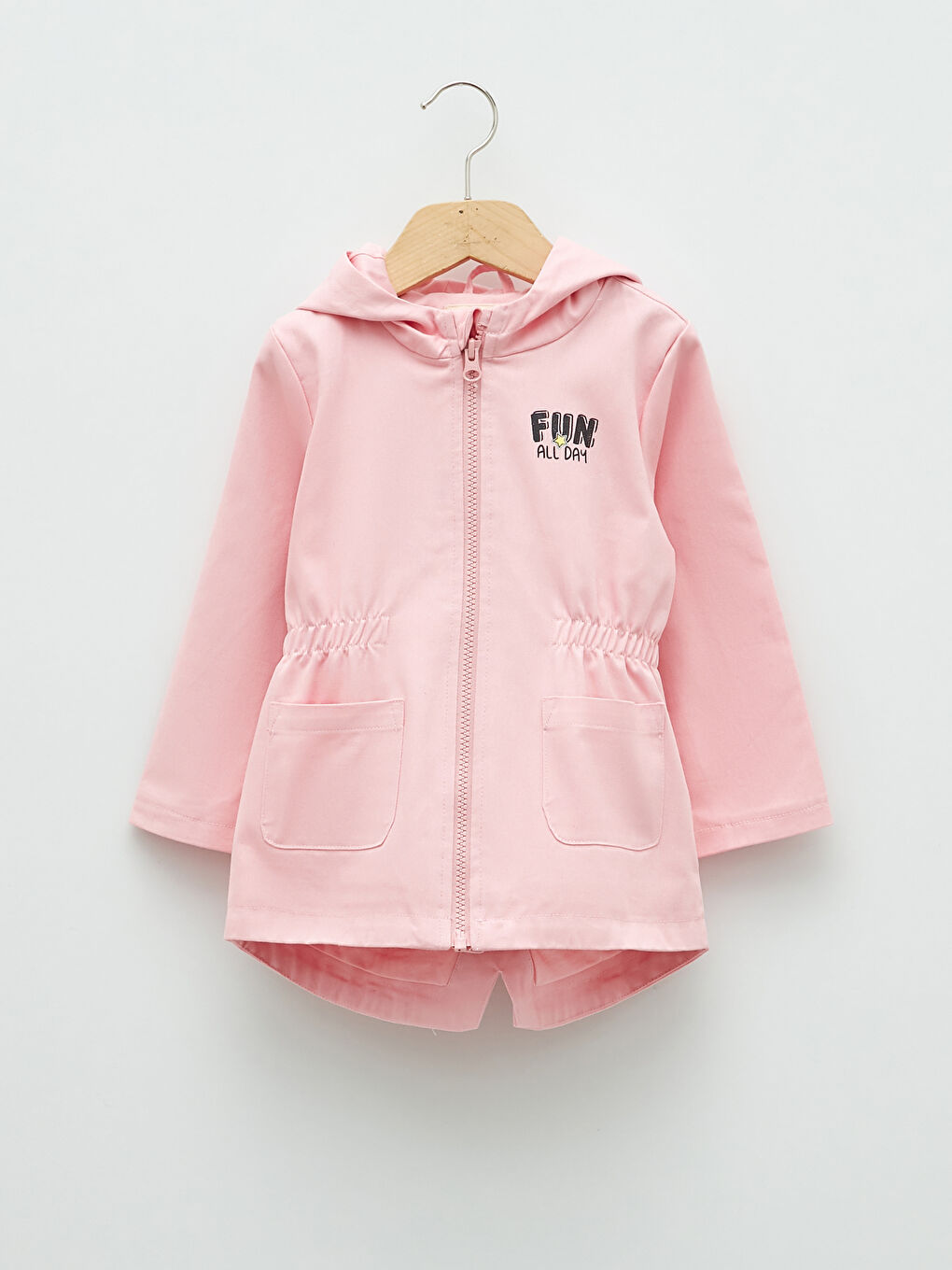 Pembe Kapüşonlu Uzun Kollu Baskılı Kız Bebek Mont