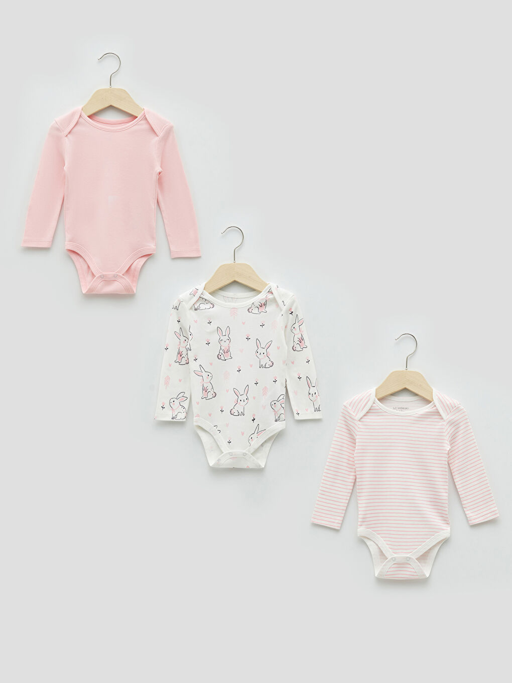 Ekru Bisiklet Yaka Uzun Kollu Pamuklu Kız Bebek Çıtçıtlı Body 3'lü