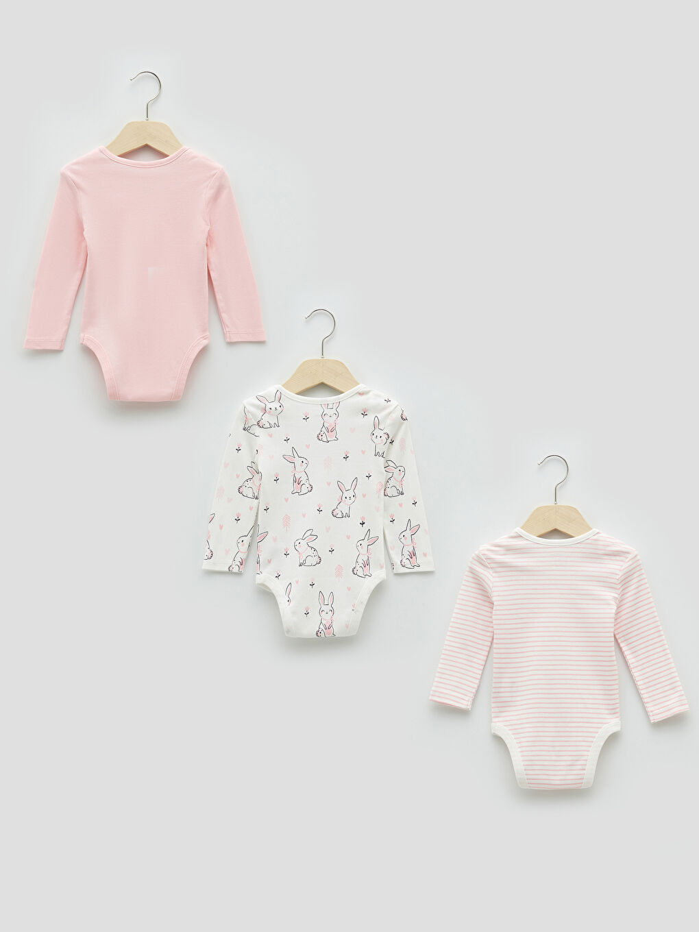 Ekru Bisiklet Yaka Uzun Kollu Pamuklu Kız Bebek Çıtçıtlı Body 3'lü-1