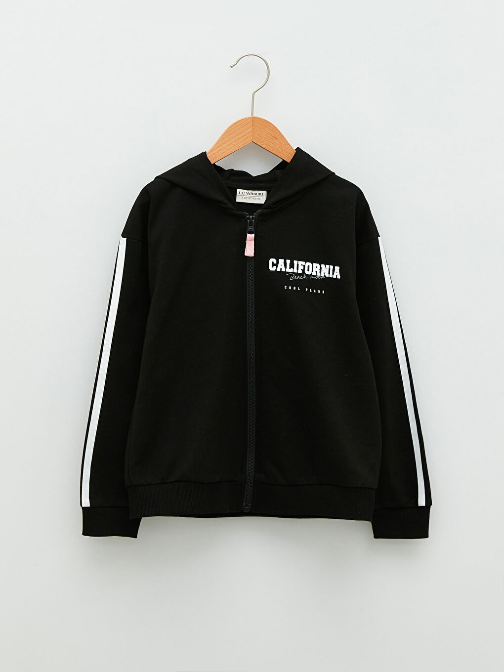 Siyah Kapüşonlu Baskılı Uzun Kollu Kız Çocuk Fermuarlı Sweatshirt