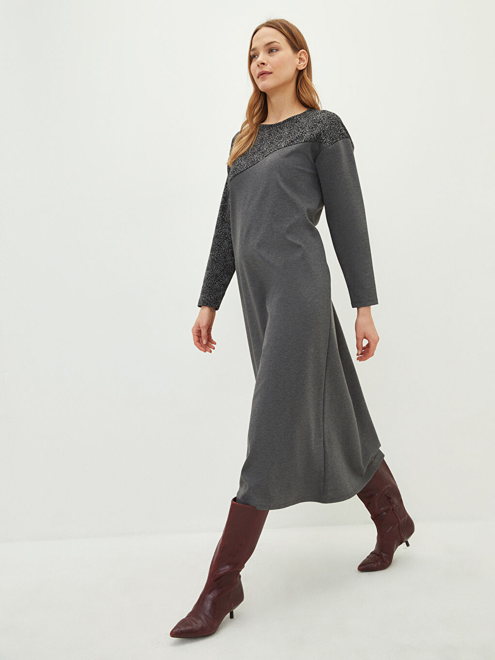 Gri Bisiklet Yaka Desenli Uzun Kollu A Kesim Ponte Kumaş Kadın Elbise-1