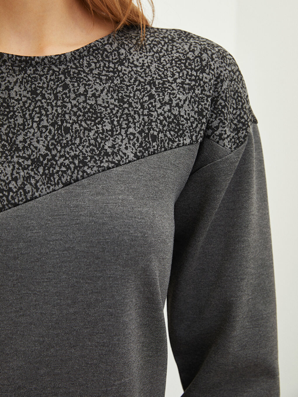 Gri Bisiklet Yaka Desenli Uzun Kollu A Kesim Ponte Kumaş Kadın Elbise-3