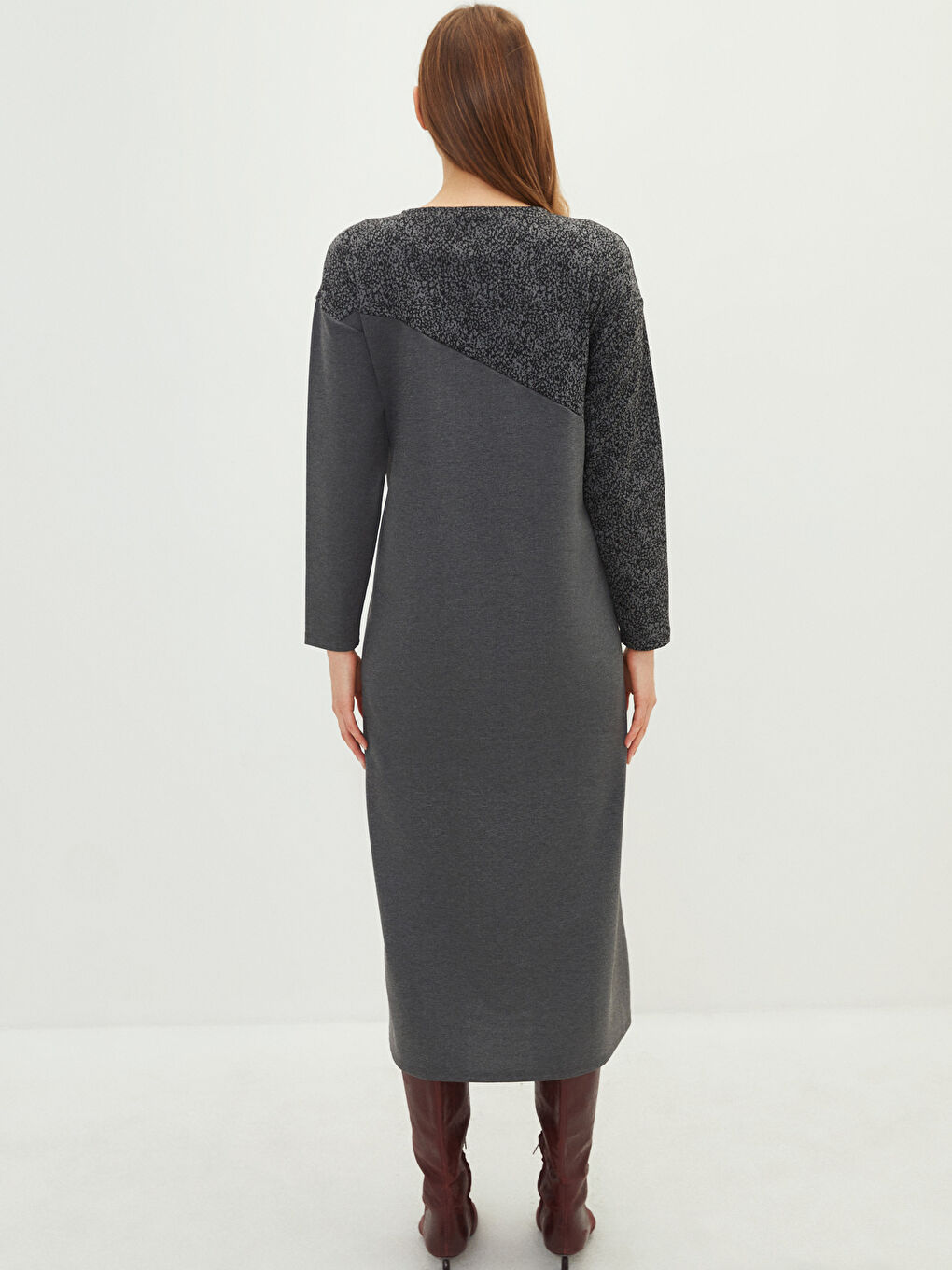 Gri Bisiklet Yaka Desenli Uzun Kollu A Kesim Ponte Kumaş Kadın Elbise-4