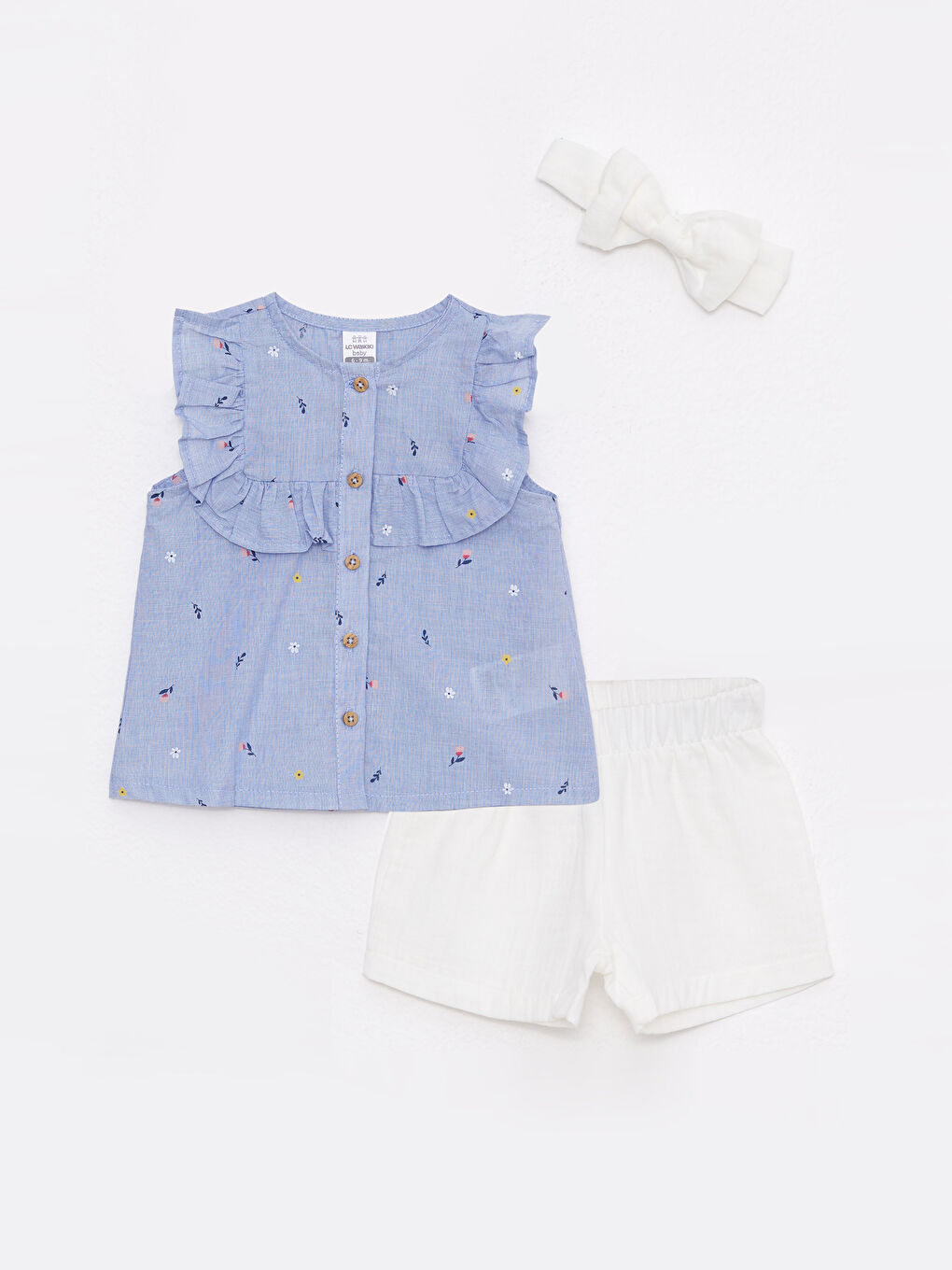 Blouse, Short et Serre-tête en Coton Imprimé à Col Rond pour Bébé Fille, Lot de 3 Pièces