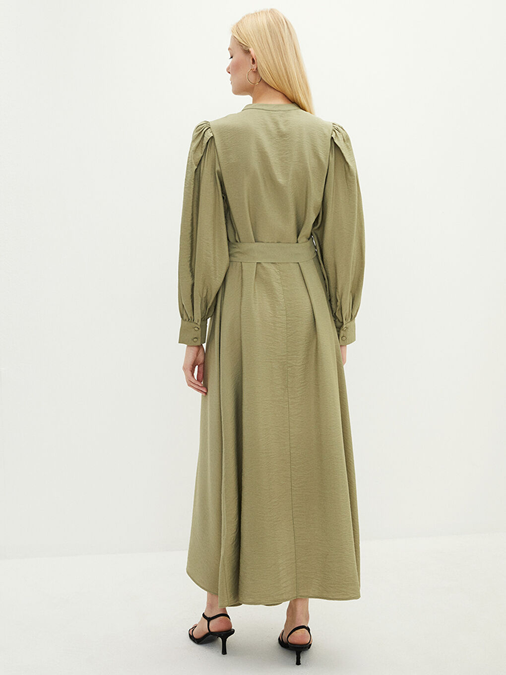 Yeşil Hakim Yaka Düz Beli Bağlama Detaylı Uzun Kollu Kadın Gömlek Elbise-3
