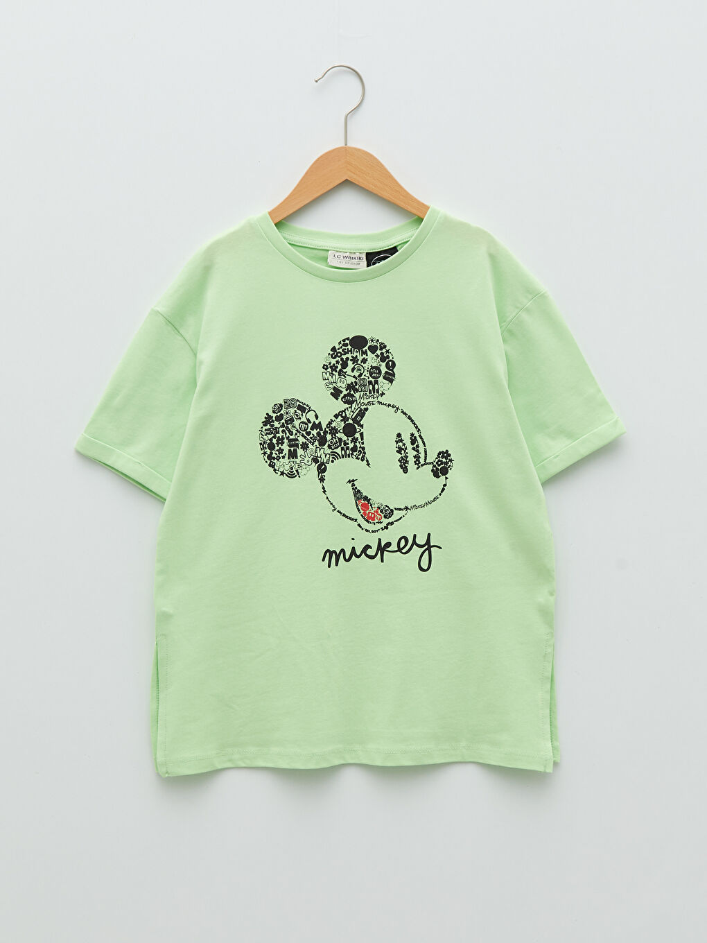 تيشيرت بناتي كم قصير مطبوع ميكي ماوس برقبة دائرية
