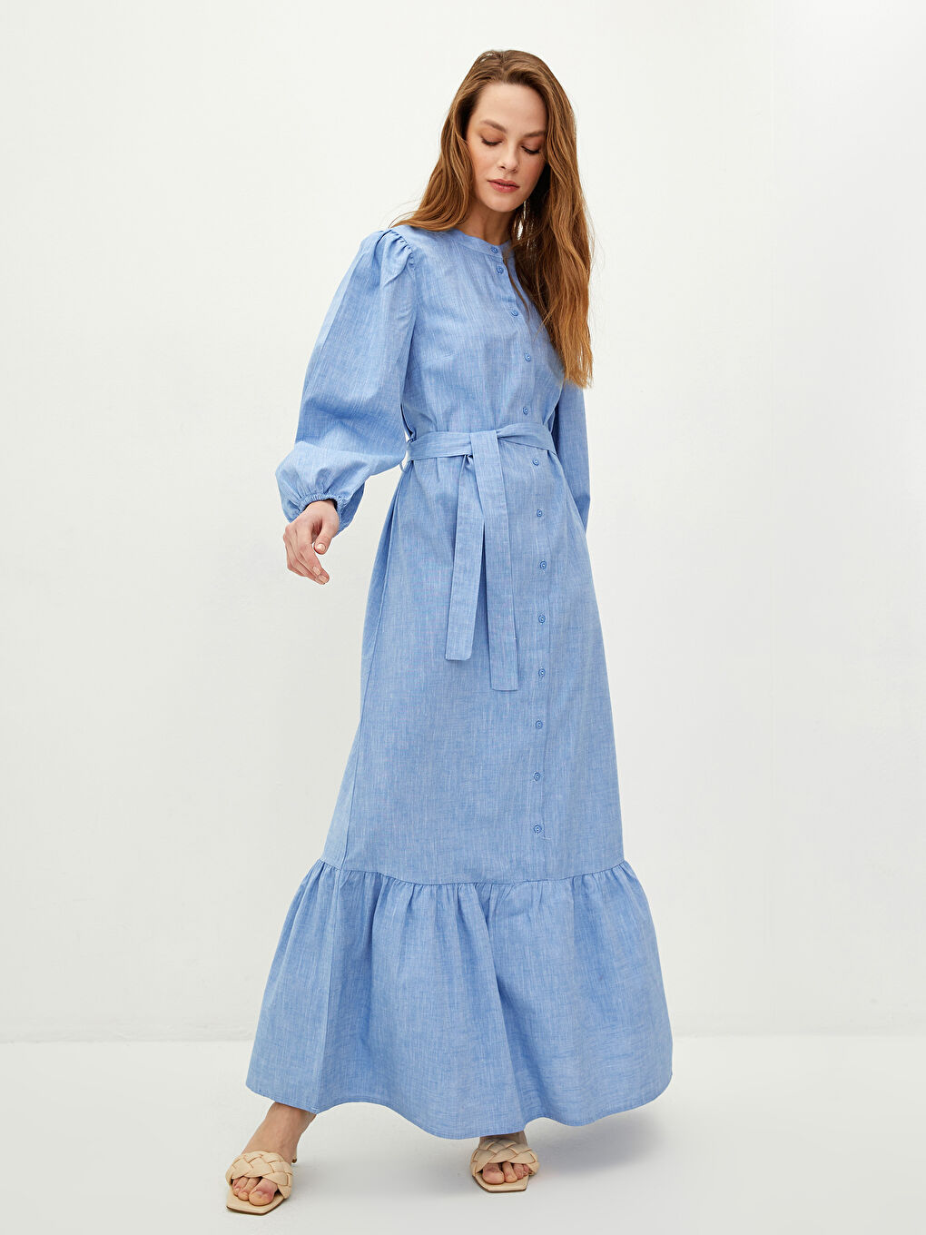 Crew Neck Straight Long Sleeve Cotton Women's Shirt Dress-1