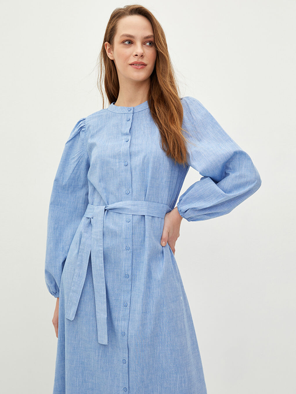 Crew Neck Straight Long Sleeve Cotton Women's Shirt Dress-2