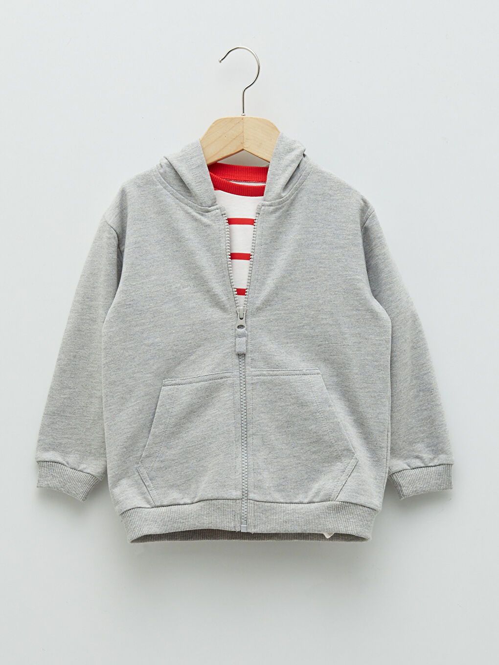 Gri Uzun Kollu Erkek Bebek Fermuarlı Sweatshirt ve Tişört 2'li Takım-1