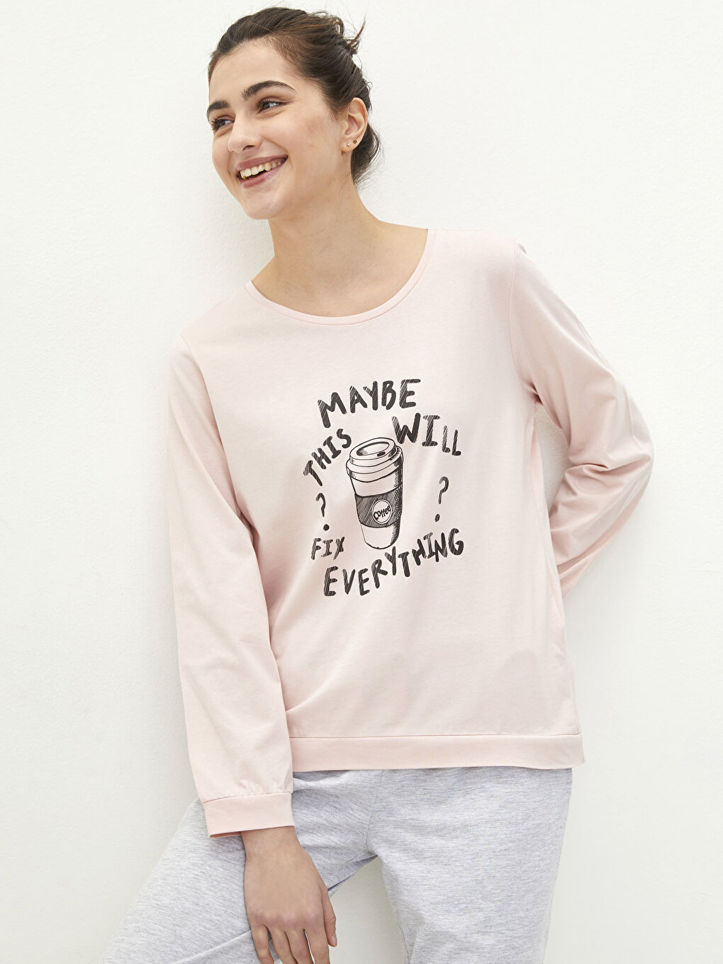 Rundhalsausschnitt Bedruckt Langarm Pyjama-Set für Damen-1