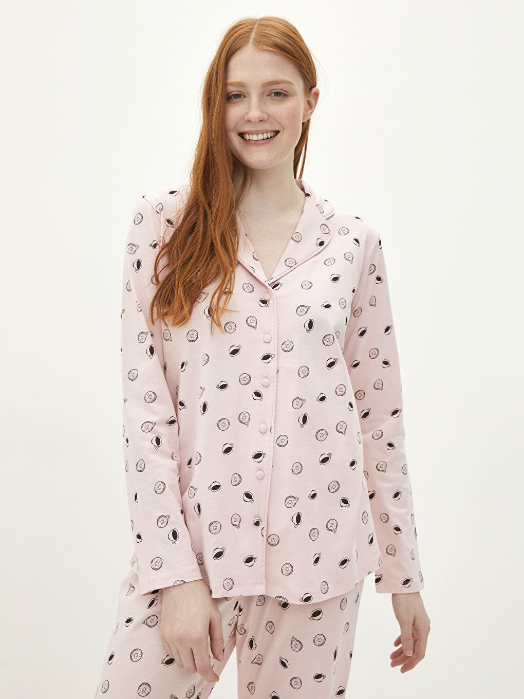 طقم بيجاما قطن للسيدات بياقة قميص كم طويل مطبوع-2