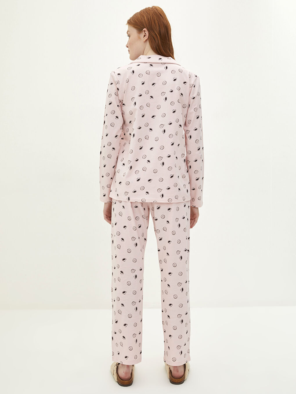 طقم بيجاما قطن للسيدات بياقة قميص كم طويل مطبوع-4