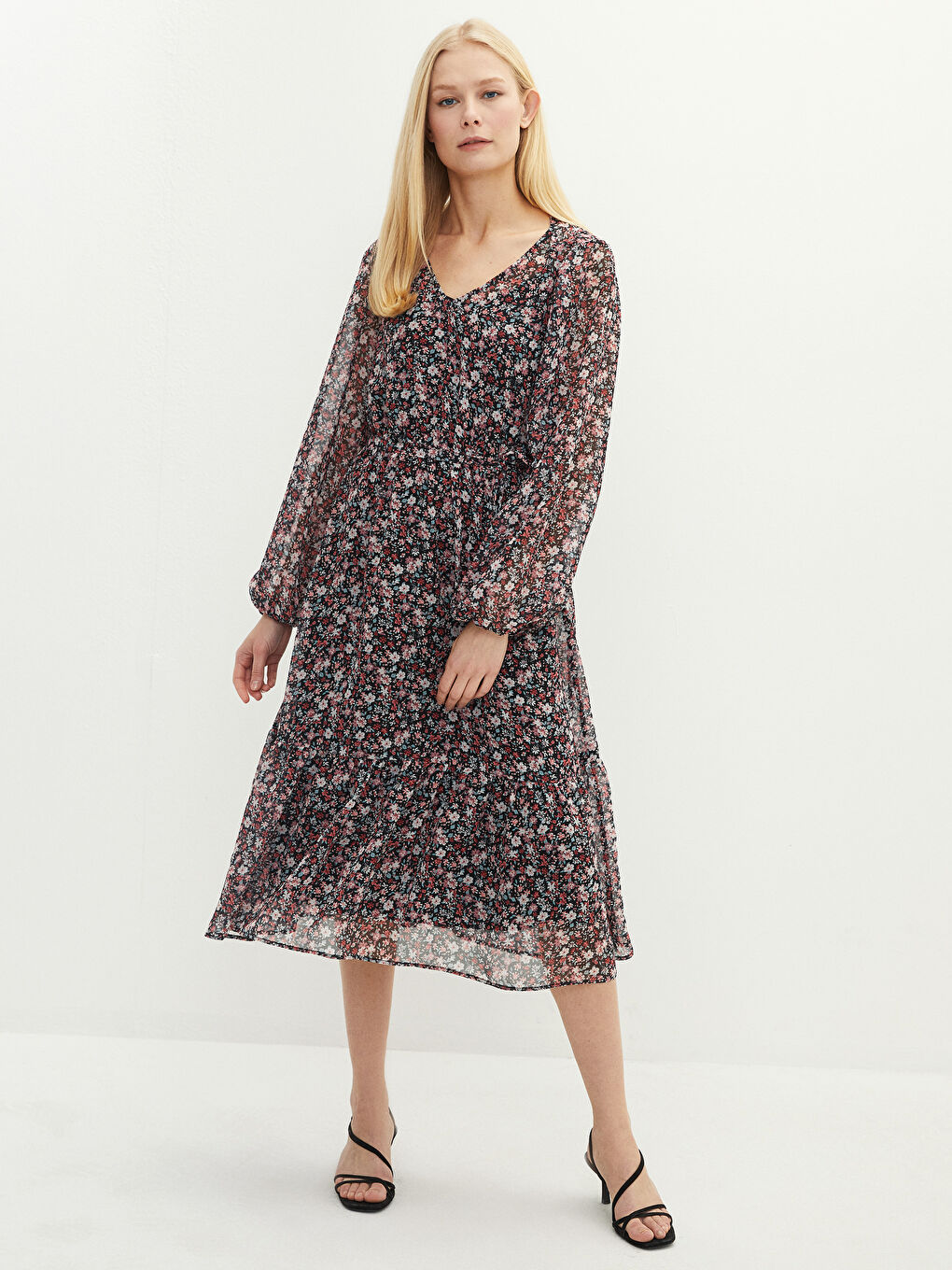 V-Neck Floral Long Sleeve A-Line Chiffon Women's Dress-1