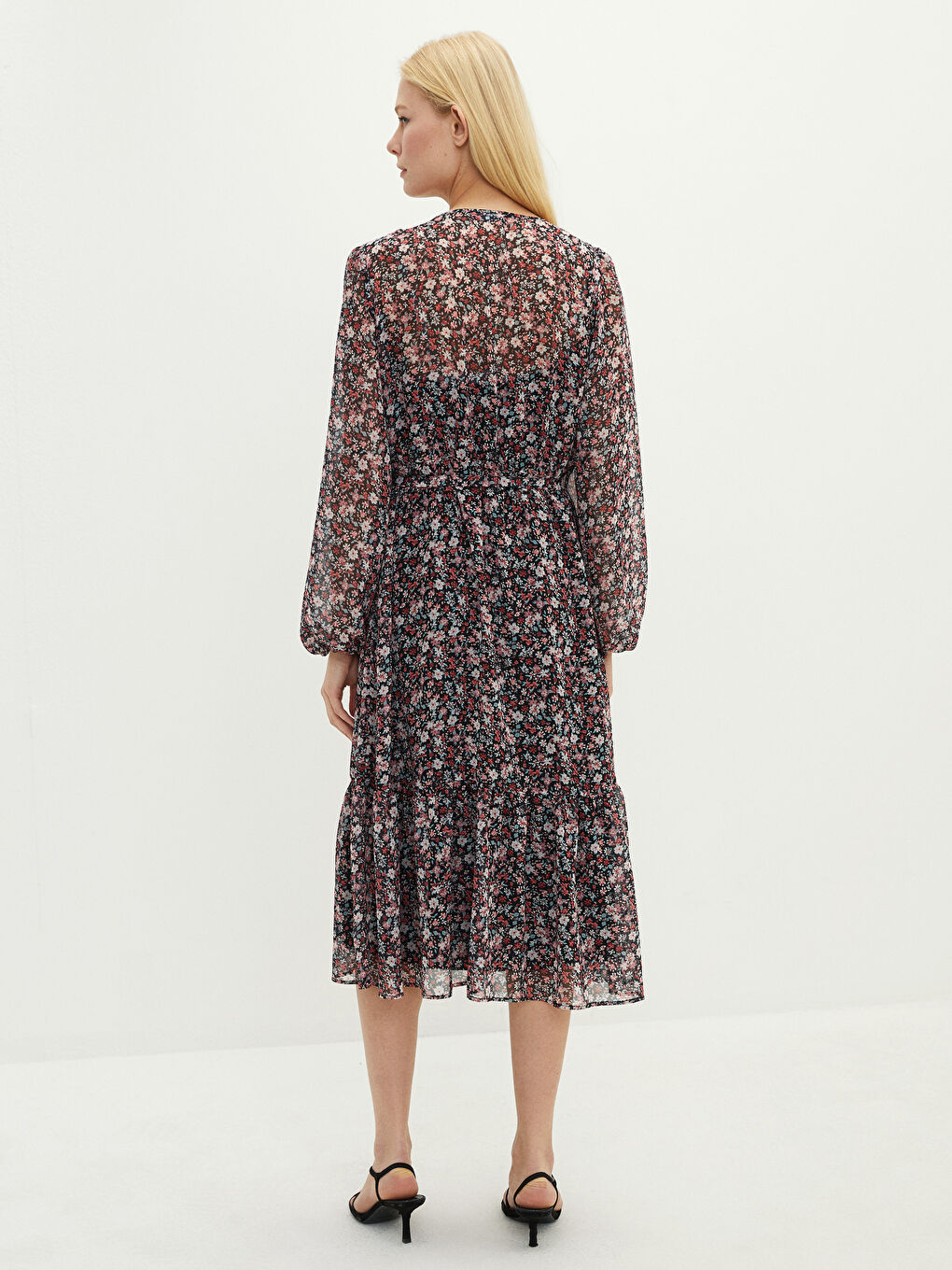 V-Neck Floral Long Sleeve A-Line Chiffon Women's Dress-4