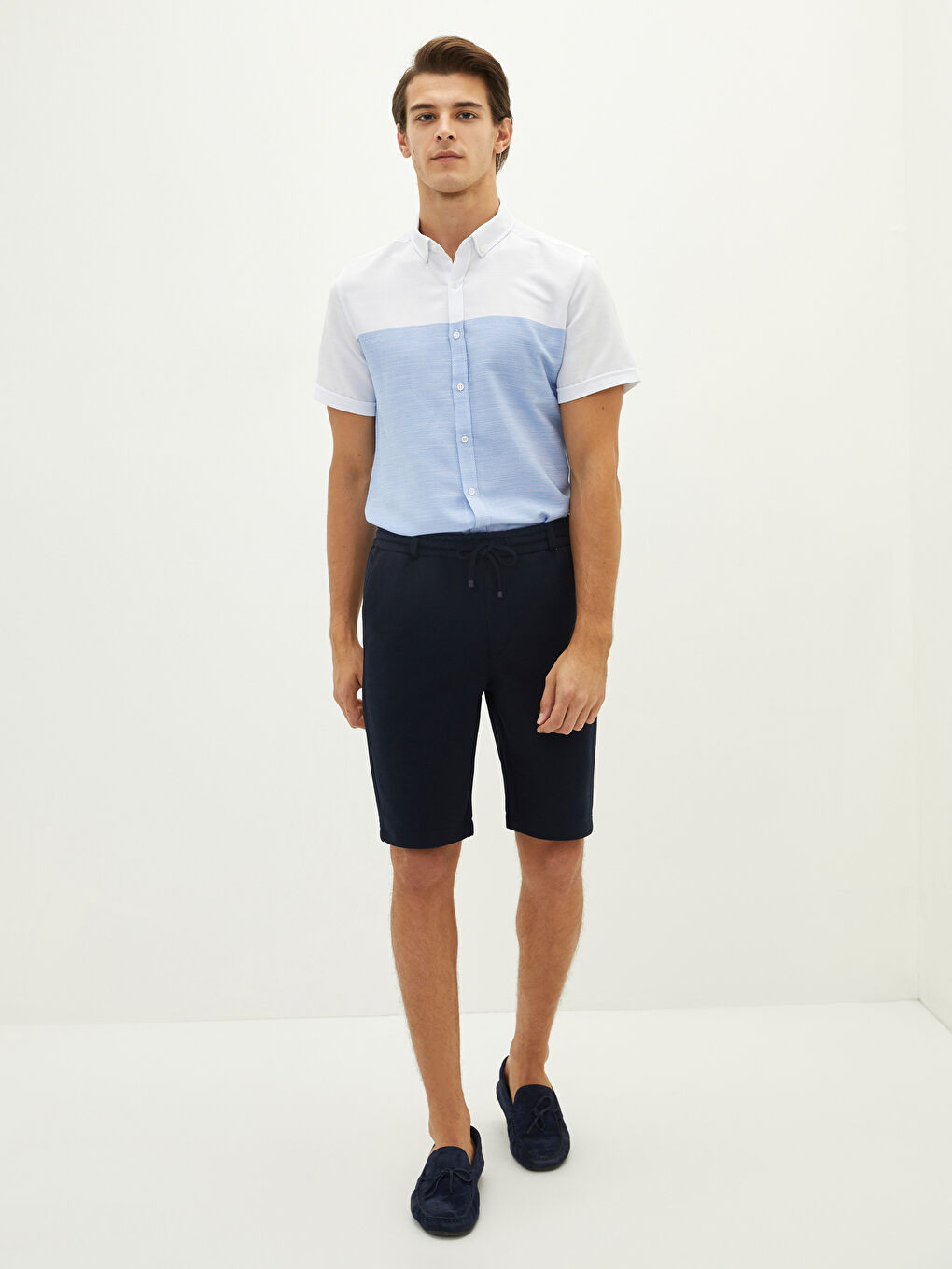 Lacivert Slim Fit Beli Bağlama Detaylı Erkek Şort-1