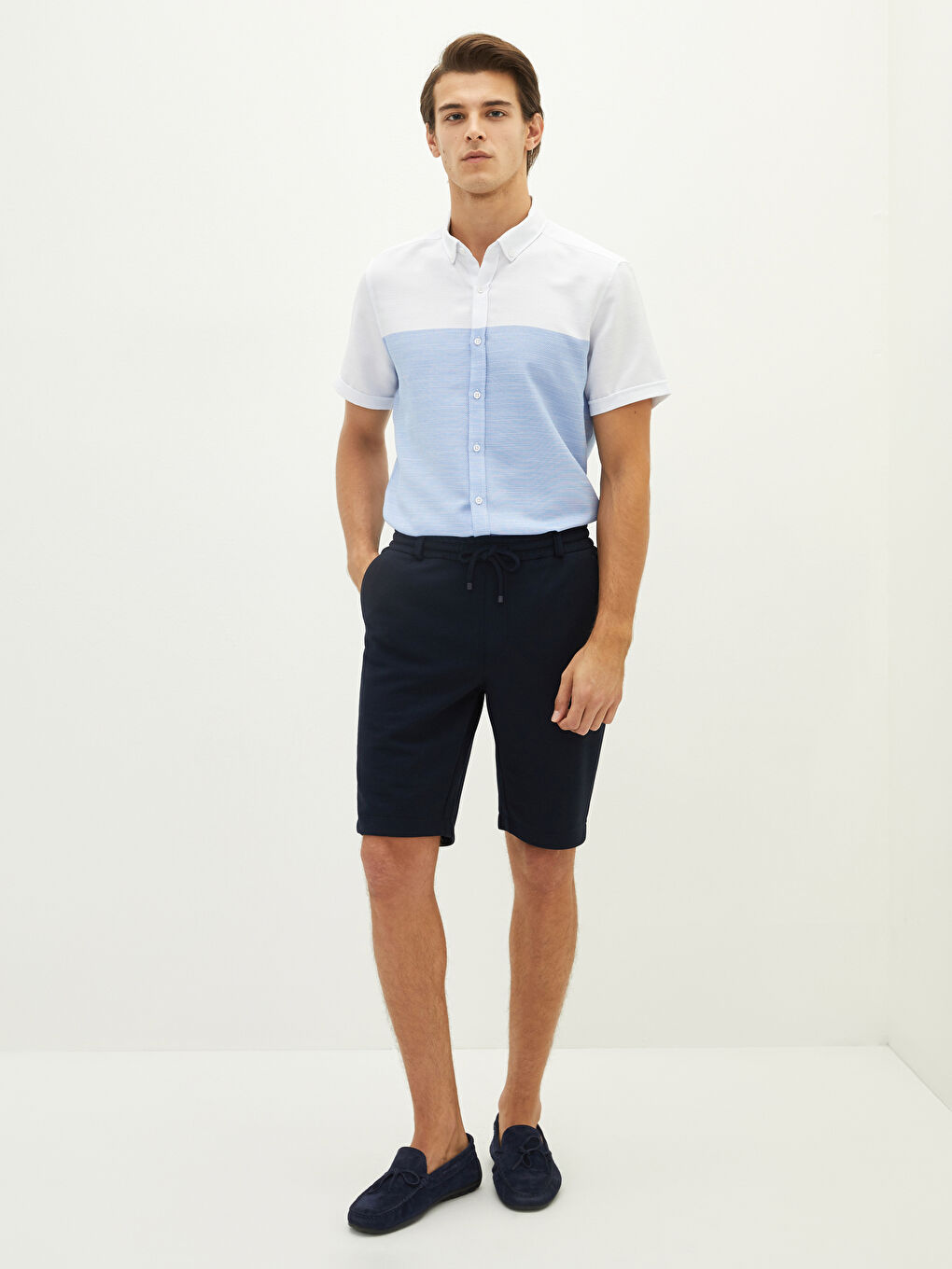 Lacivert Slim Fit Beli Bağlama Detaylı Erkek Şort-2