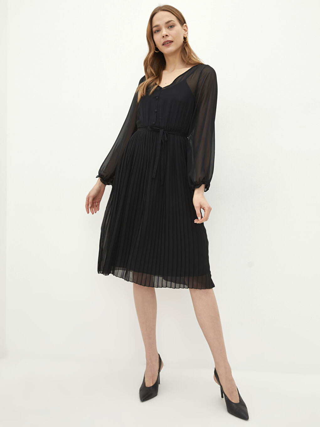 V-Neck Straight Long Sleeve A-Line Chiffon Women's Dress -S24242Z8-CVL
