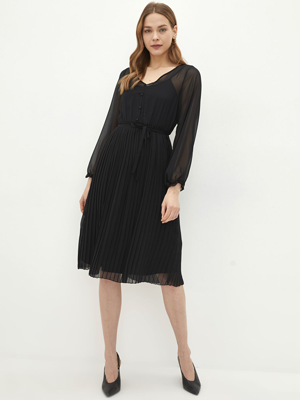 V-Neck Straight Long Sleeve A-Line Chiffon Women's Dress -S24242Z8-CVL