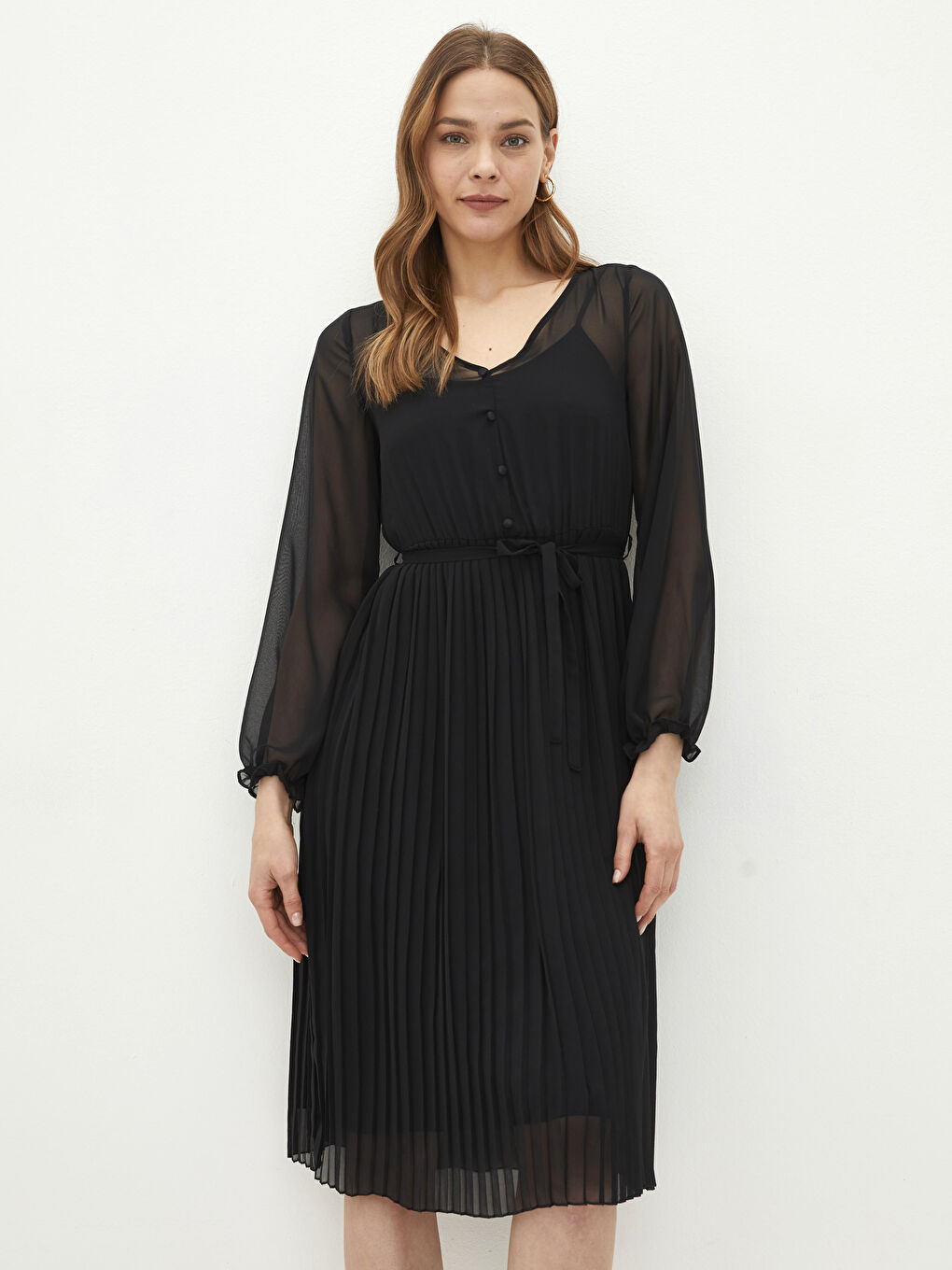 V-Neck Straight Long Sleeve A-Line Chiffon Women's Dress -S24242Z8-CVL