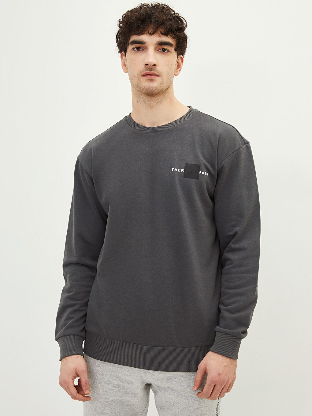 Antrasit Oversize Bisiklet Yaka Uzun Kollu Baskılı Erkek Sweatshirt-1